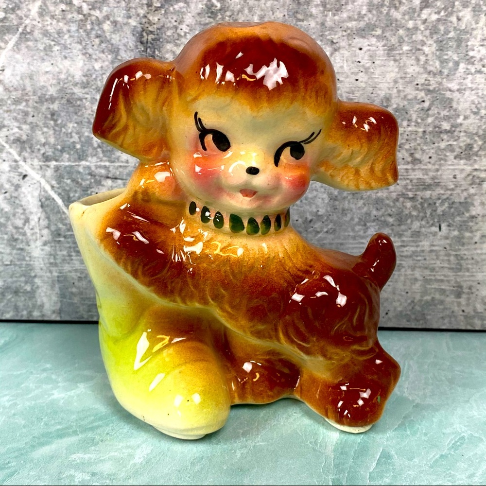 Puppy American Bisque Pottery Planter Green boot
